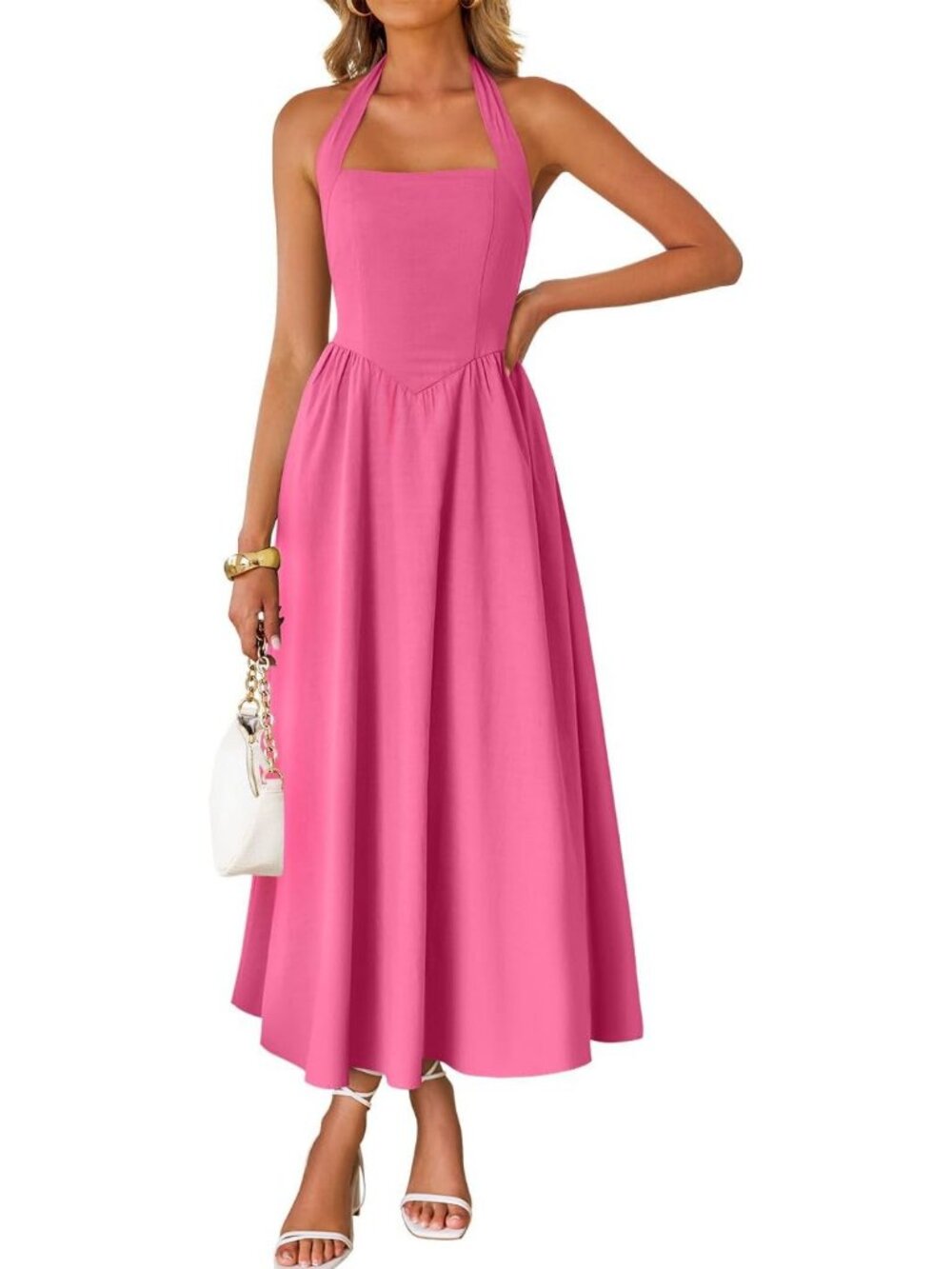 Women's Summer Sleeveless Halter Hot Pink Midi Off Shoulder Flowy Long Dress
